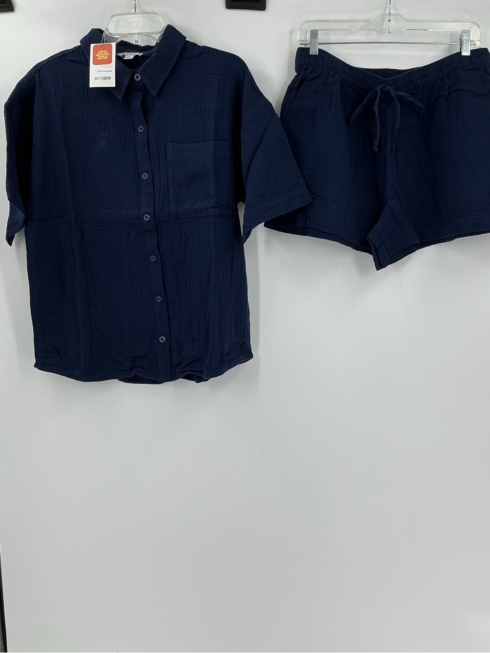 Posh Peanut 2 Piece Gauze Set L Navy Blue Button Up Shirt Shorts Lounge NWT - Picture 3 of 9